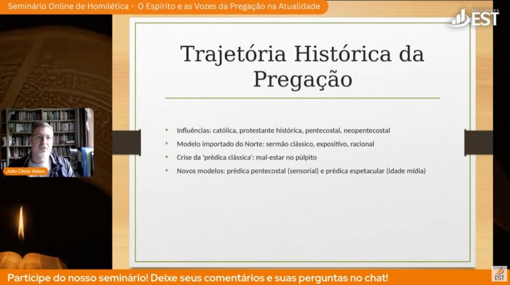 O Seminário On-line de Homilética – O Espírito e as Vozes da Pregação na Atualidade começou nesta segunda-feira (18), reunindo vozes diversas da teologia latino-americana em torno da reflexão sobre a prática da pregação cristã. A abertura contou com a participação do diretor-geral da Faculdades EST, professor Valério Schapper, que ressaltou a relevância do encontro como espaço de diálogo e formação para a homilética contemporânea.