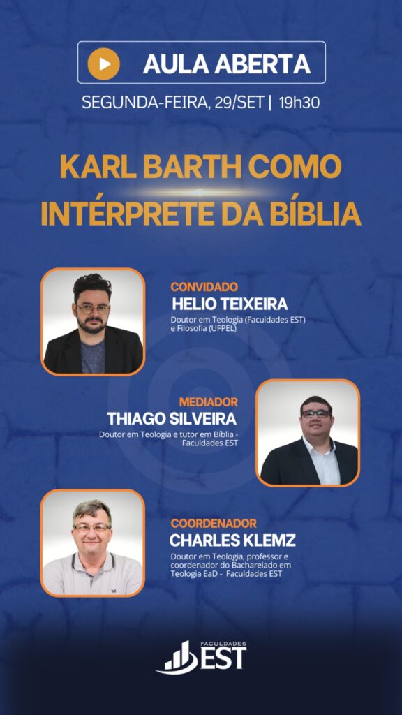 A Faculdades EST realizará uma aula aberta com o professor doutor Helio Teixeira, que abordará a abordagem inovadora de Karl Barth em relação à Bíblia, destacando sua distinção em relação ao método histórico-crítico da Teologia Liberal e às interpretações sociorreligiosas do início do século XX.