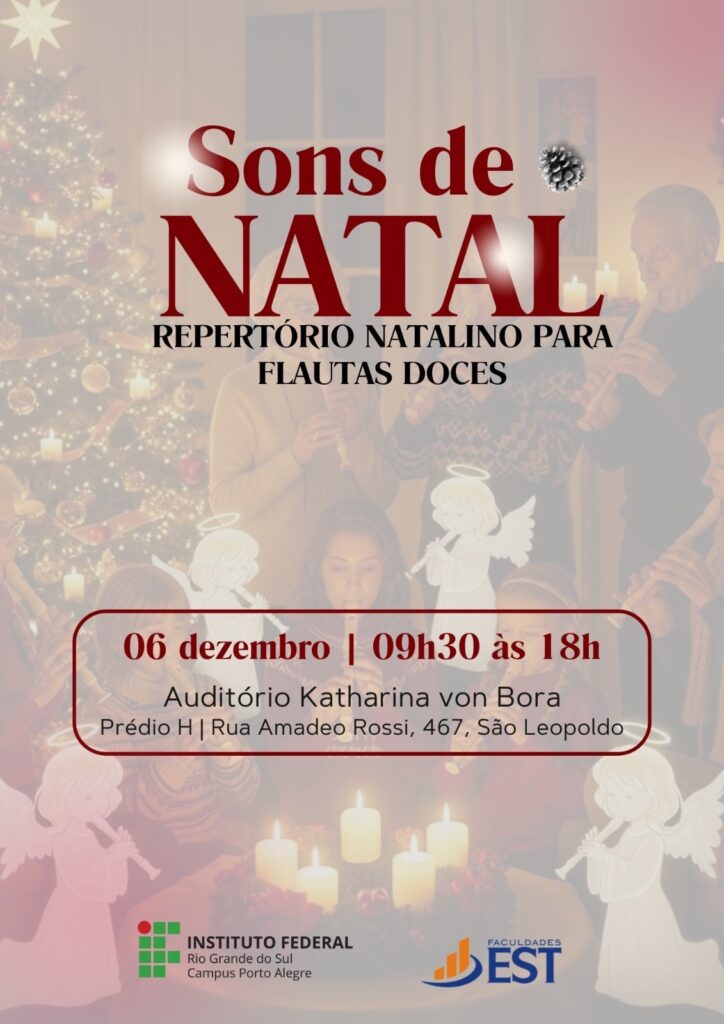 A Faculdades EST recebe, no próximo dia 06 de dezembro, das 9h30 às 18h, o encontro “Sons de Natal: repertório natalino para flautas doces”, uma iniciativa do IFRS – Campus Porto Alegre, realizada como atividade de extensão e aberta a participantes de diferentes níveis de experiência. O evento encerra o dia com um recital gratuito, às 17h30, no Auditório Katharina von Bora. O encontro tem como proposta reunir pessoas que tocam flauta doce para um dia de estudo, preparação e prática coletiva de repertório natalino. A atividade é coordenada pelas professoras Cláudia Schreiner (IFRS) e Soraya Eberle (Faculdades EST), com colaboração de Lucia Carpena (UFRGS), Letícia Arnold (Faculdades EST) e Gunda Kindel.