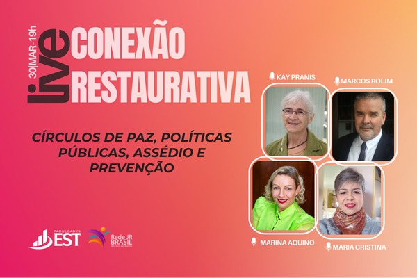 No próximo dia 30 de março, às 19h, especialistas nacionais e internacionais se reúnem na live “Conexão Restaurativa”, dedicada ao tema da Justiça Restaurativa (JR). O evento, gratuito e online, é promovido pela Rede JR Brasil de Sul ao Norte em parceria com a Faculdades EST e busca oferecer subsídios teóricos e práticos para a construção de sociedades mais justas, seguras e humanas.